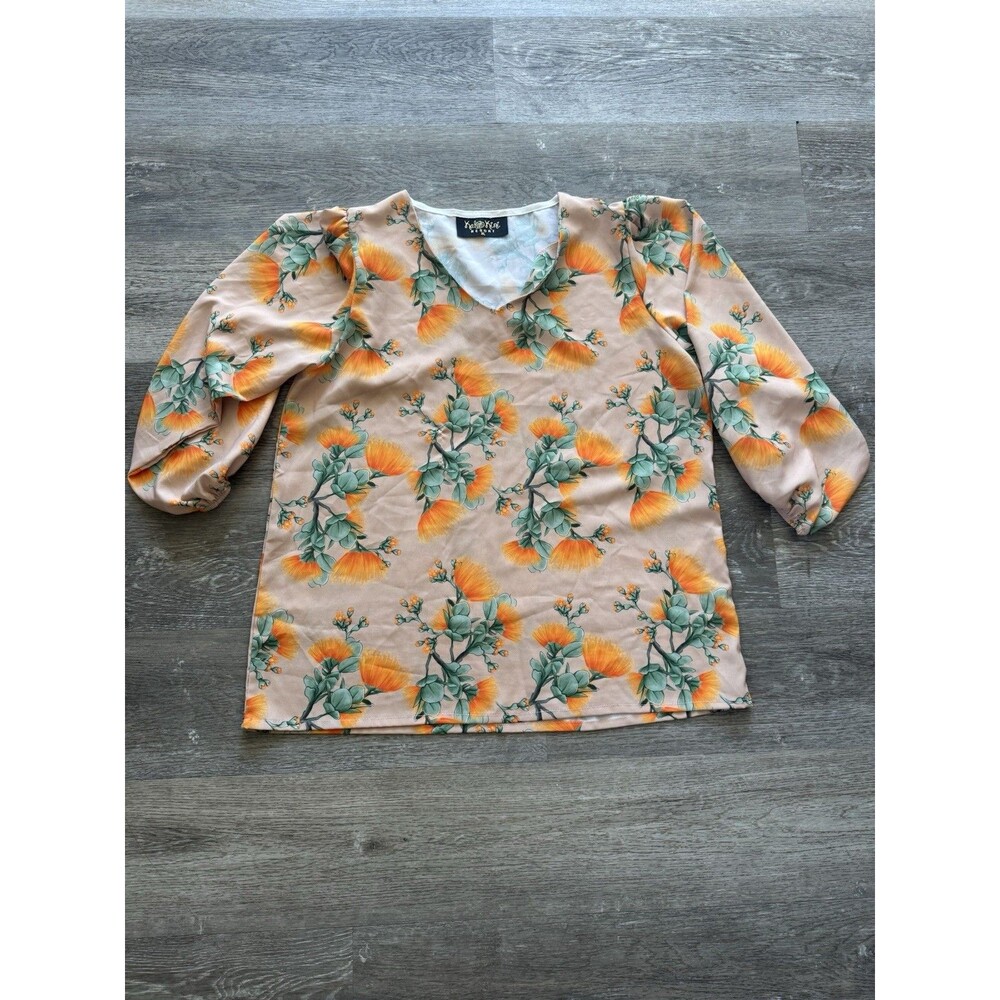 Kalokini Resort Womens Blouse Floral Yellow Orange Tan Size XL Restore Wear